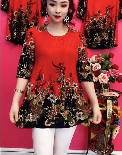 🌸Nowe modne, swobodne, drukowane, bawełniane, lniane bluzki 2025 - 4188232
