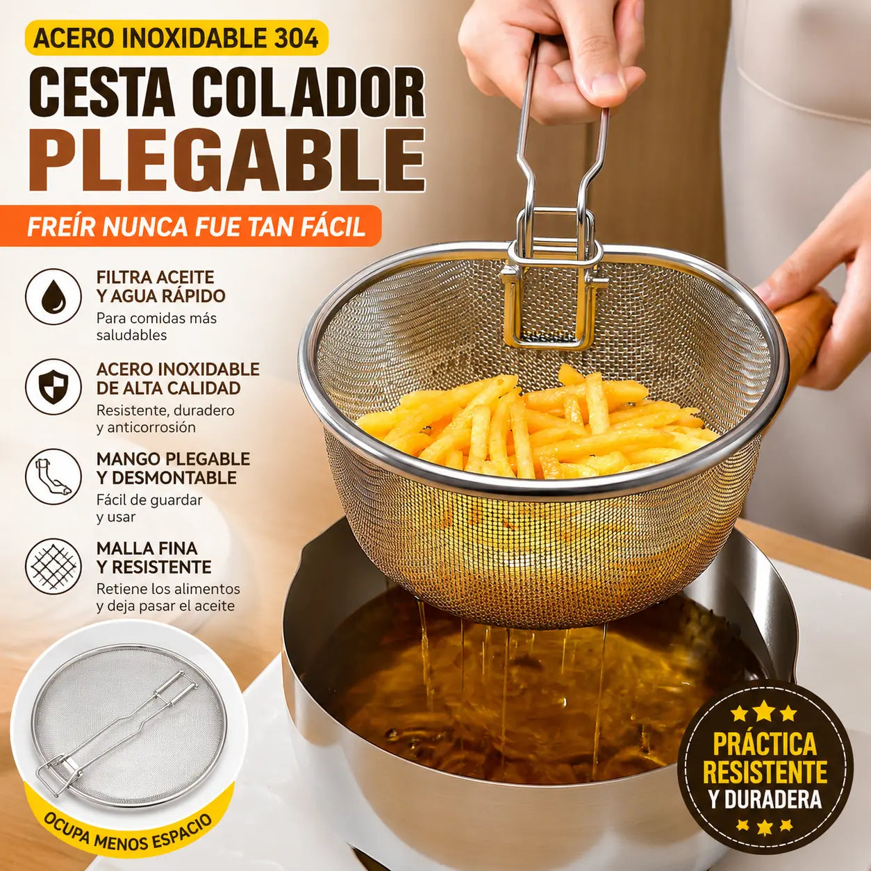 🍲Cesta de filtro de malla de acero inoxidable con asa plegable