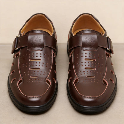 【38-44】👞Sandalias casuales antideslizantes de cuero genuino transpirables con diseño calado para hombre, colección verano 2026