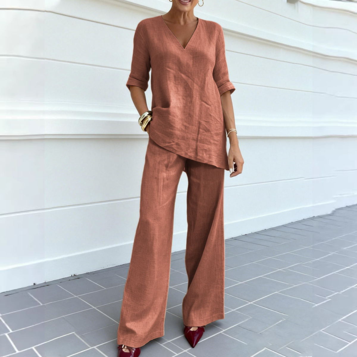 ❤️ 50% taniej | Damski komplet bawełniano-lniany – top + spodnie, lekki i wygodny | Płatność przy odbiorze