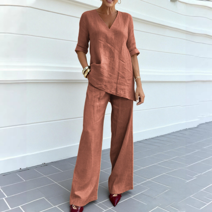 ❤️ 50% taniej | Damski komplet bawełniano-lniany – top + spodnie, lekki i wygodny | Płatność przy odbiorze