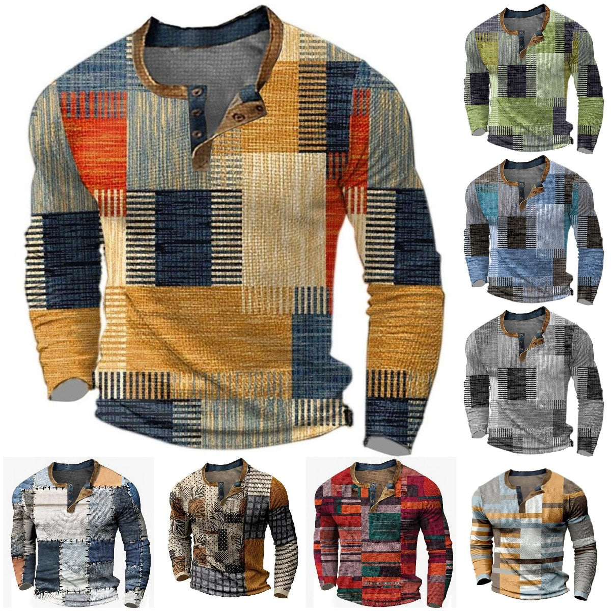 🌴🌈【S-4XL】👔😍 Νέα συλλογή ανδρικών πουκάμισων με τύπωμα, μακριά μανίκια, χαλαρό στυλ Henry, διαθέσιμα σε διάφορα χρώματα