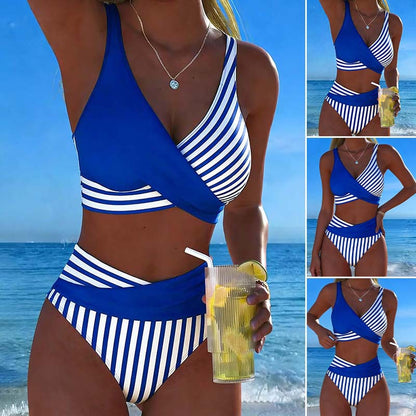 【S-3XL】Bikini de dos piezas con bloques de color y estampado de rayas – Pago contra entrega