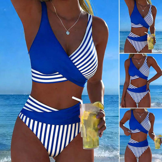 🩱【S-3XL】Bikini de dos piezas con bloques de color y estampado de rayas – Pago contra entrega