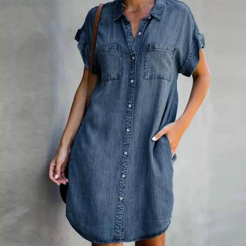 🔥【Sleva 50 %】【Kupte 1 a získejte 1 zdarma】【S-5XL】Dámské džínové šaty s krátkým rukávem-4045164