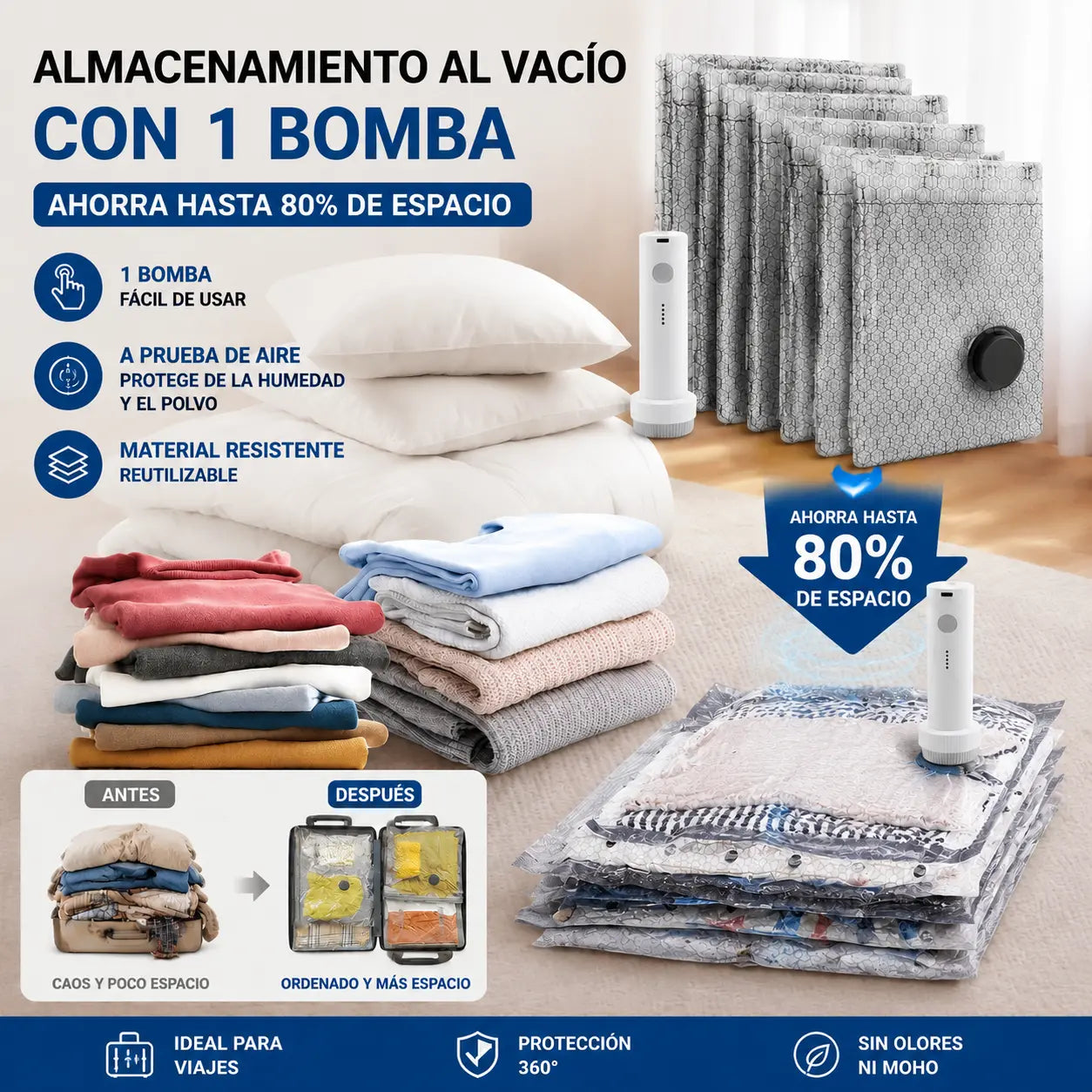 🎁 Juego de bolsas de compresión inalámbricas para almacenamiento al vacío