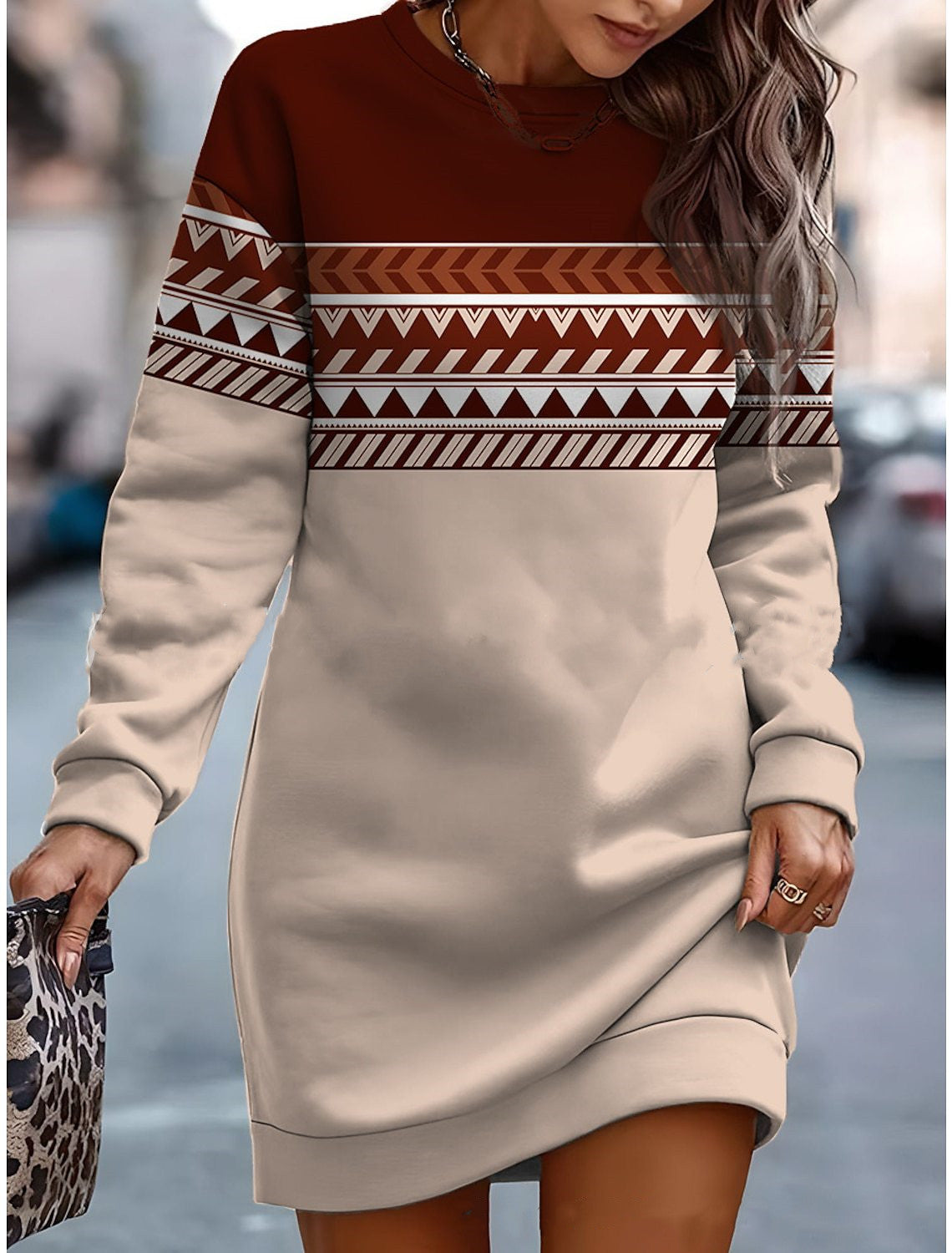 🔥🔥👗Nové svetrové šaty s kulatým výstřihem na podzim a zimu 2025 s barevným potiskem