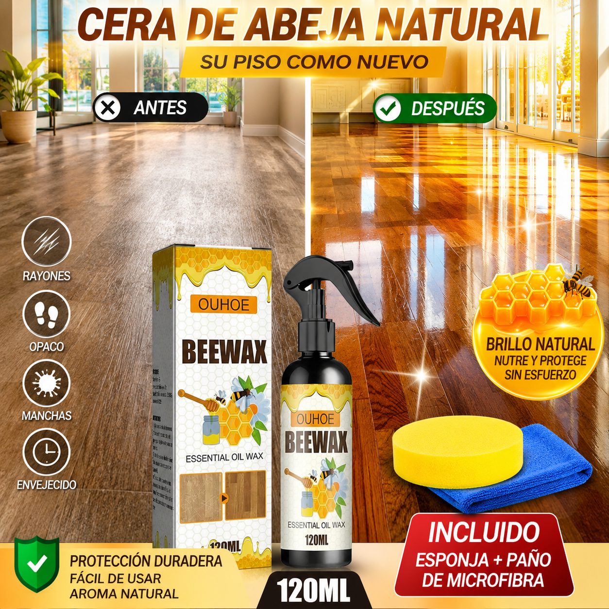 🔥【120 ml + esponja + paño】Spray de cera de abeja natural micromolecular para el cuidado de muebles, mantenimiento y pulido de suelos.