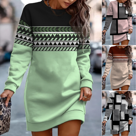 🔥🔥👗Nové svetrové šaty s kulatým výstřihem na podzim a zimu 2025 s barevným potiskem