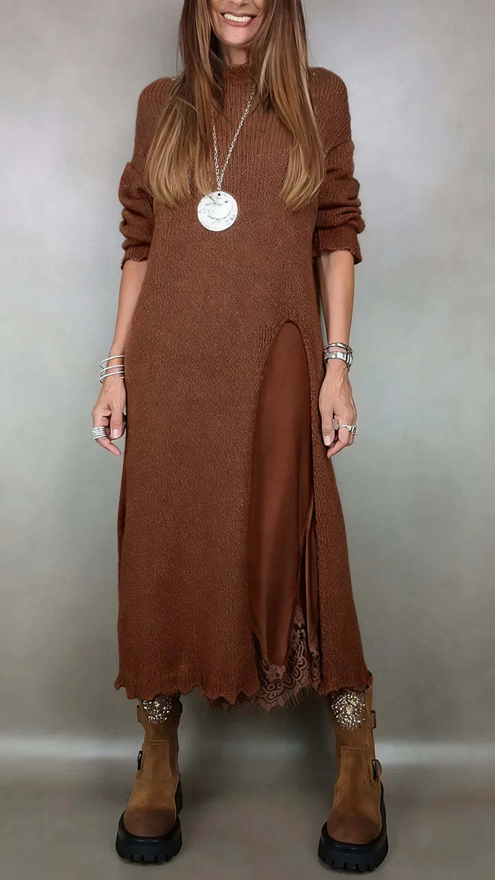 【XS-3XL】👗Nowy jesienny komplet koronkowy z rozcięciem i wzorem swetra-4163526