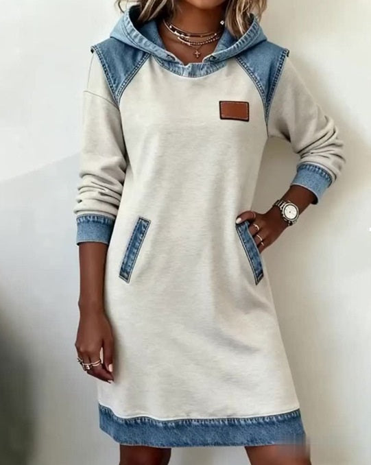 🌷✨👗Őszi-téli újdonság 50% kedvezménnyel🌞❄️ Új patchwork kapucnis farmer ruha ❄️ – bő, kényelmes és könnyen kombinálható-4167707