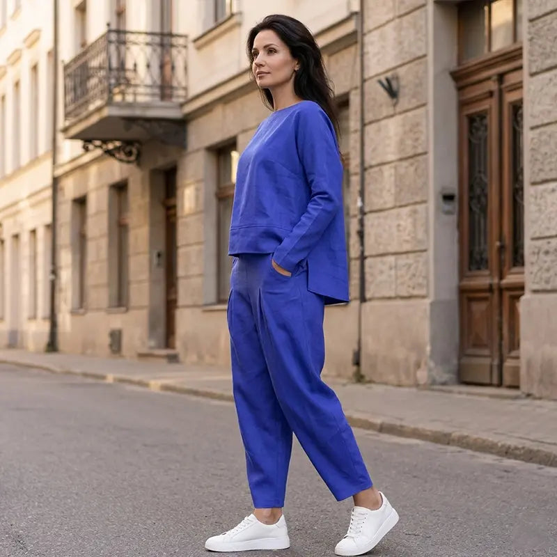 😊【S-5XL】💖Conjunto de dos piezas: blusa de manga larga con cuello redondo y pantalones