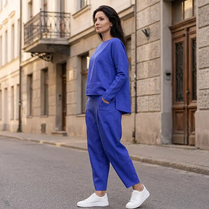 😊【S-5XL】💖Conjunto de dos piezas: blusa de manga larga con cuello redondo y pantalones