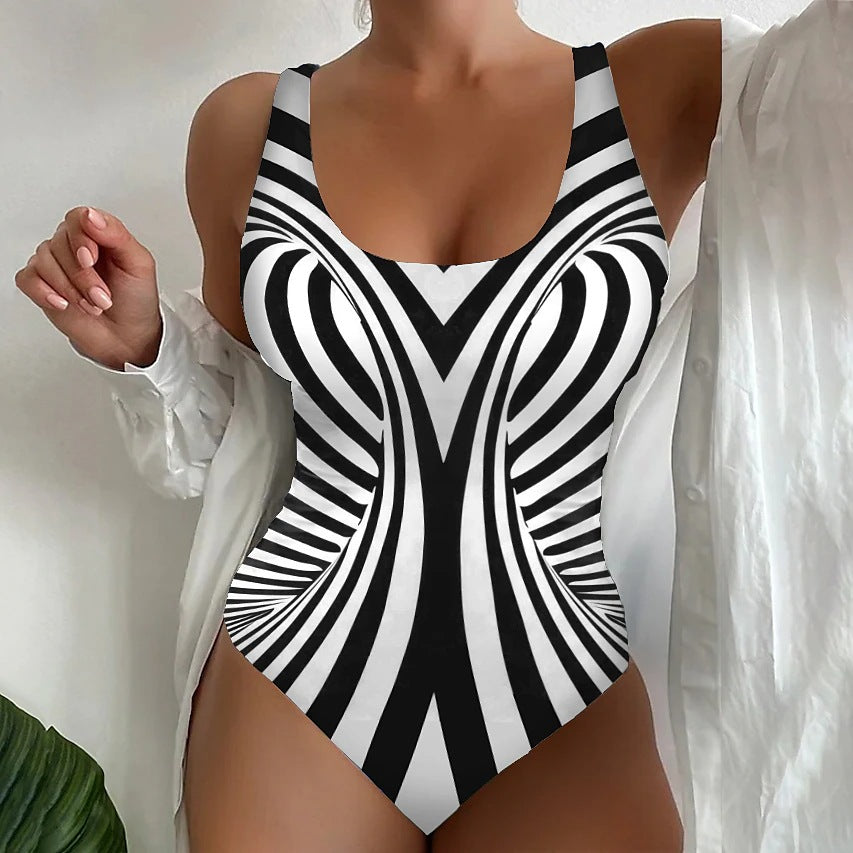 【😍S~6XL】Sexy rayas traje de baño de una sola pieza-4291311