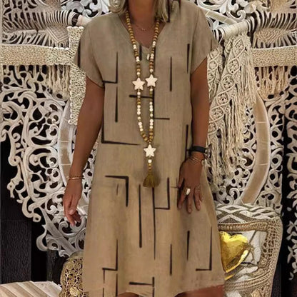 🌲😍Vestido estampado de lino y algodón con cuello en V, color oro puro, 2026 - Oferta