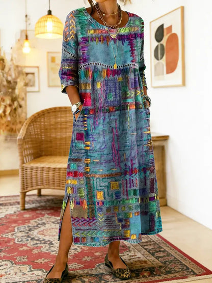 Manuela | Vestido Maxi Bohemio con Estampado de Patchwork Étnico