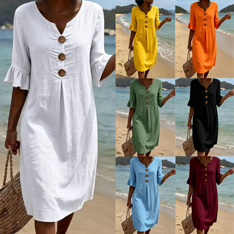 【S-3XL】Vestido de mujer de algodón y lino con mangas abullonadas y botones_4293805