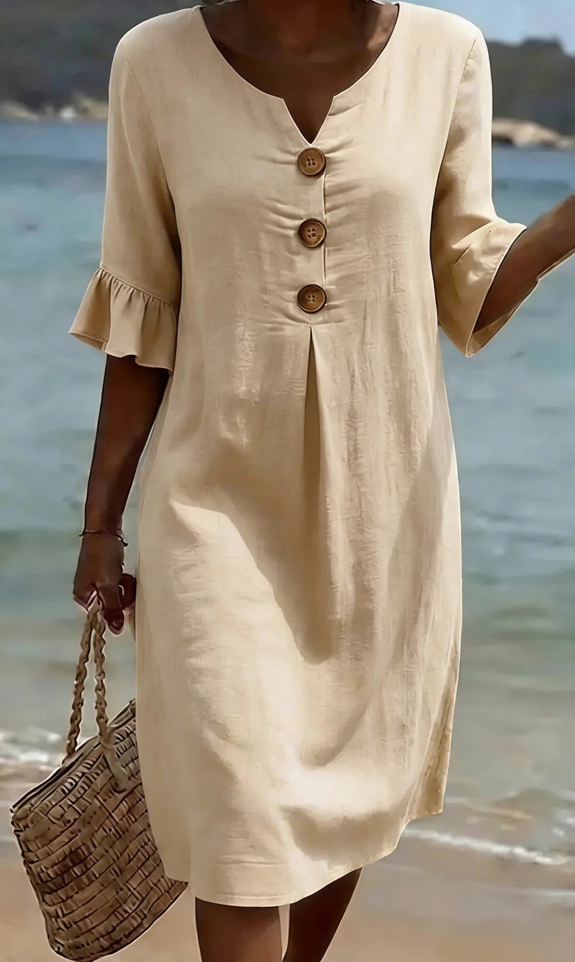 ✨【S-3XL】Vestido de mujer de algodón y lino con mangas abullonadas y botones