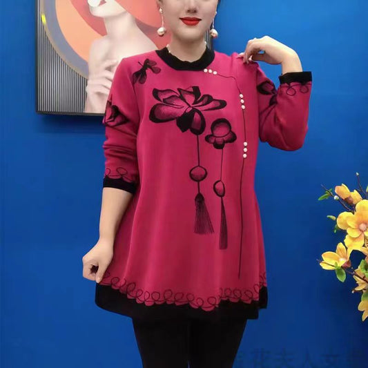 🍁🍂【M-5XL】2025 Nová podzimní zimní móda Pletené topy s potiskem