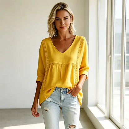 🎀🎀[Novedad de verano]Blusa de verano estilo boho chic con escote en V y detalles de encaje: ¡corte holgado que disimula las imperfecciones y favorece cualquier figura!