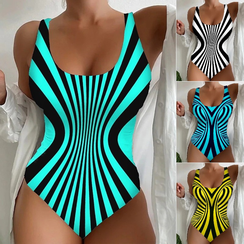 【😍S~6XL】Sexy rayas traje de baño de una sola pieza-4291311