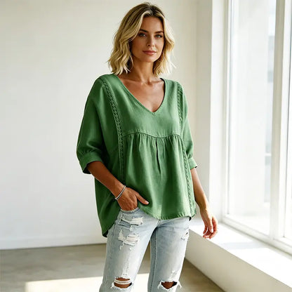 🎀🎀[Novedad de verano]Blusa de verano estilo boho chic con escote en V y detalles de encaje: ¡corte holgado que disimula las imperfecciones y favorece cualquier figura!