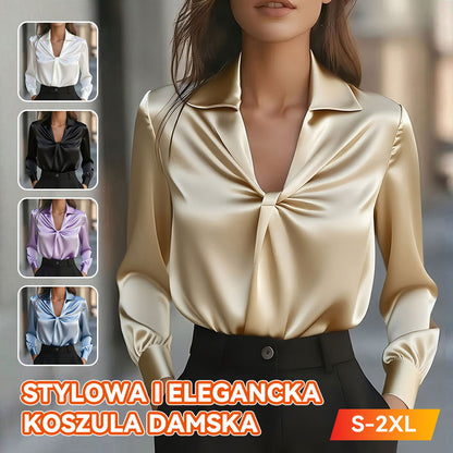 🔥**Damska Elegancka Jednokolorowa Koszulka z Satenu z Zgięciami, Długim Rękawem**🔥-4181760