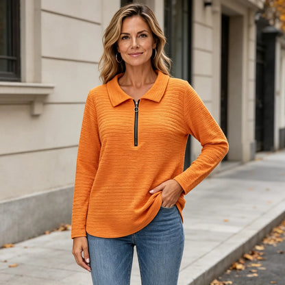 ✨【S–5XL / 5 barev】Jednobarevný dámský top se stylovým plisováním, límcem typu Peter Pan, zapínáním na zip a klasickým střihem ramen.