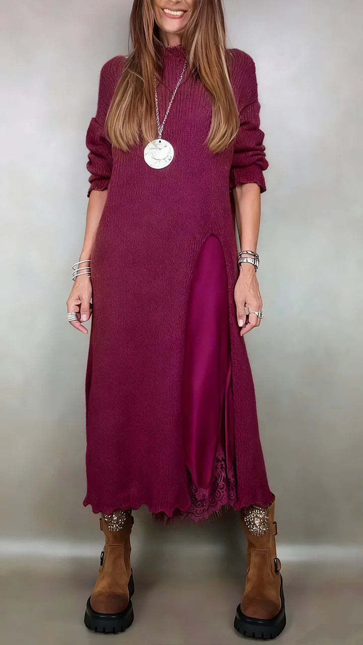 【XS-3XL】👗Nowy jesienny komplet koronkowy z rozcięciem i wzorem swetra-4163526