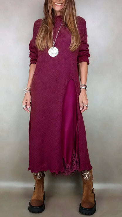 【XS-3XL】👗Nowy jesienny komplet koronkowy z rozcięciem i wzorem swetra-4163526