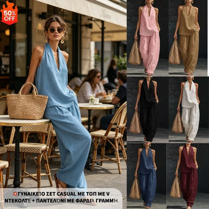 【S-5XL】💥Conjunto casual para mujer, top con cuello en V + pantalón de pierna ancha_4282583