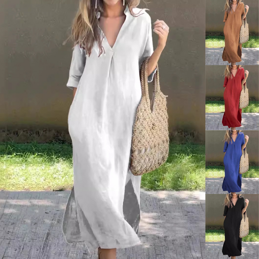 🌿💃 50% de descuento 🔥【40-100 kg】Vestido largo de lino para verano, escote en V, abertura lateral, cómodo ✅️Pago contra entrega