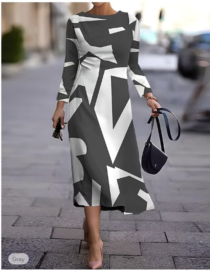 Nowa geometryczna sukienka z długim rękawem na jesień i zimę-4172795