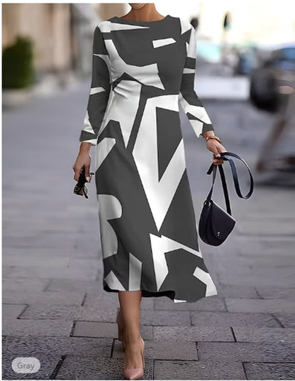 Nowa geometryczna sukienka z długim rękawem na jesień i zimę-4172795