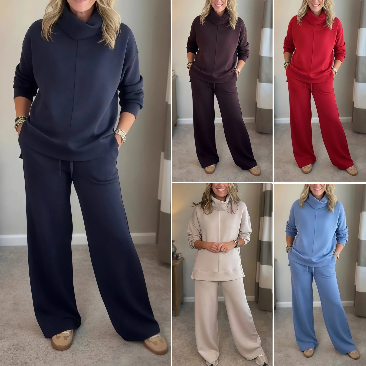 🍂🐏 【Új termék – Ideiglenes 50%-os kedvezmény】 Női két részes egy színű őszi/téli készlet: puhú pamut póló + szabadtűrő nadrágok-4182274