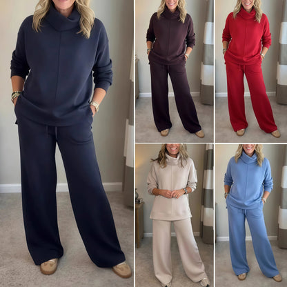 🍂🐏 【Új termék – Ideiglenes 50%-os kedvezmény】 Női két részes egy színű őszi/téli készlet: puhú pamut póló + szabadtűrő nadrágok-4182274