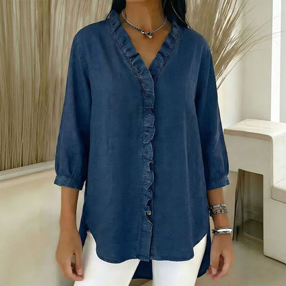🔥 Pago contra reembolso ✅️【40-100kg】Camisa vaquera informal para mujer con cuello en V y volantes-4286615