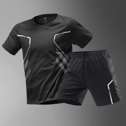 🔥 Poslední den slevy – 50 % sleva!【M-5XL】 Pánská dvoudílná sportovní souprava z rychleschnoucího materiálu ledového hedvábí - pohodlné tričko s krátkým rukávem a kraťasy