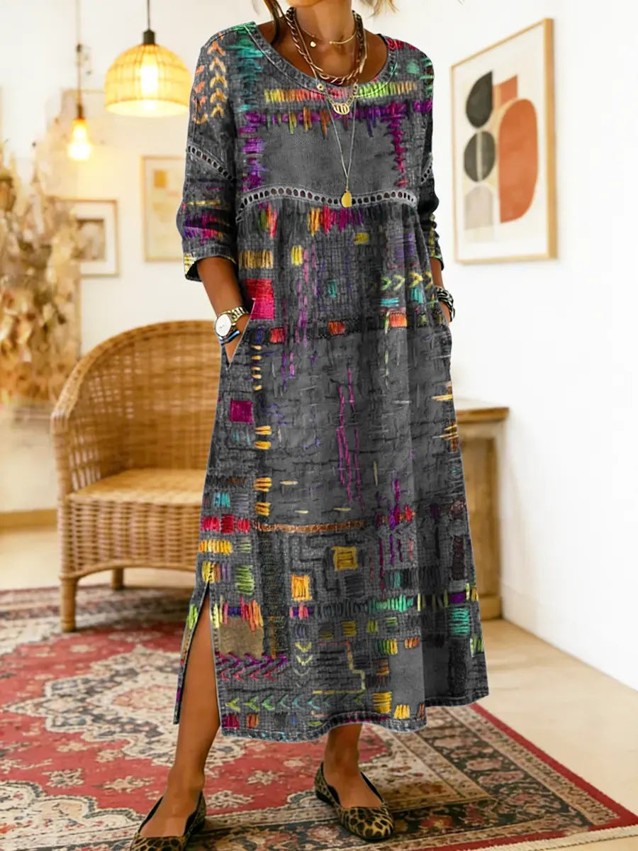 Manuela | Vestido Maxi Bohemio con Estampado de Patchwork Étnico
