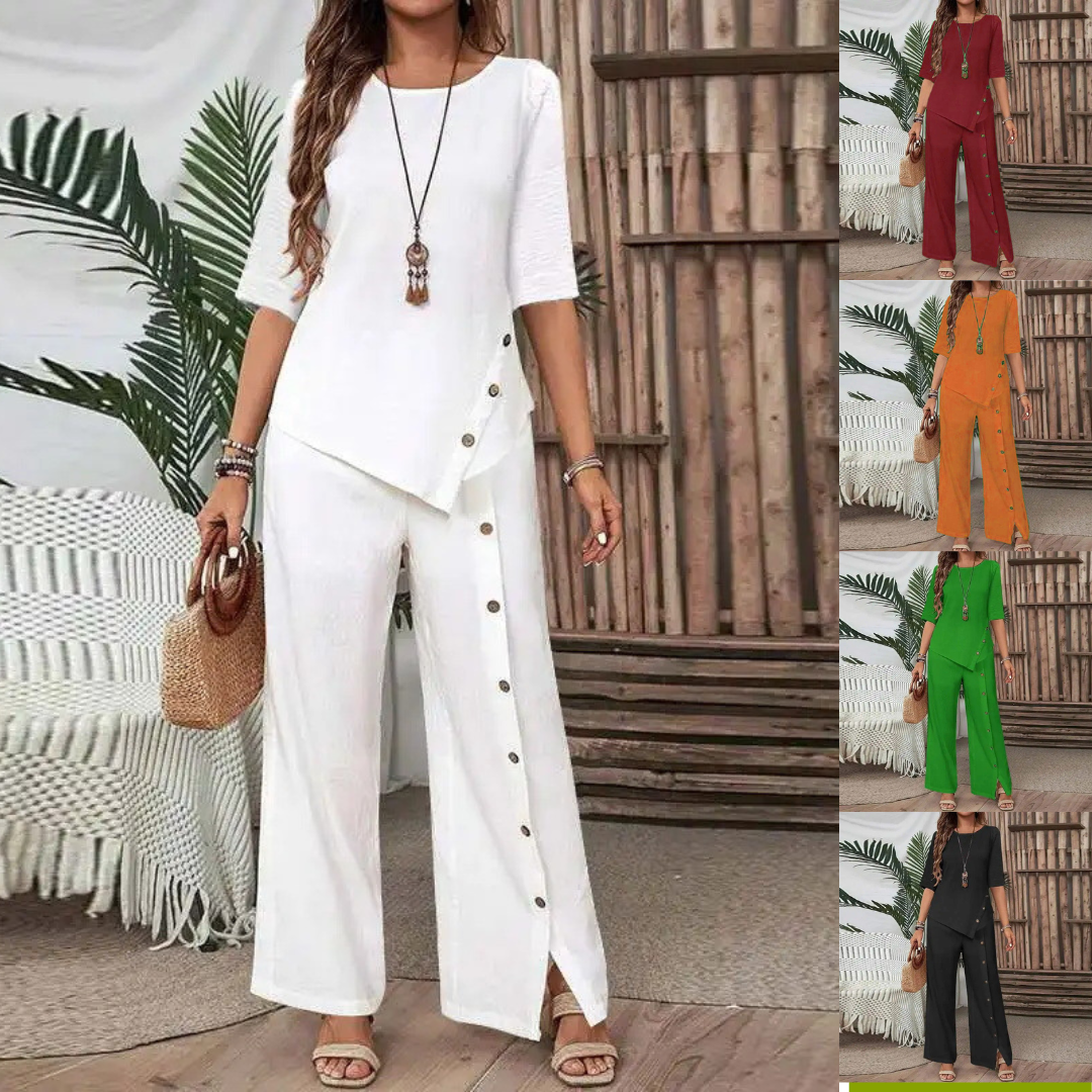 💐【S-5XL】Nuevo conjunto de dos piezas para mujer, bajo irregular, pantalón informal abotonado, corte holgado