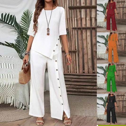 💐【S-5XL】Nuevo conjunto de dos piezas para mujer, bajo irregular, pantalón informal abotonado, corte holgado