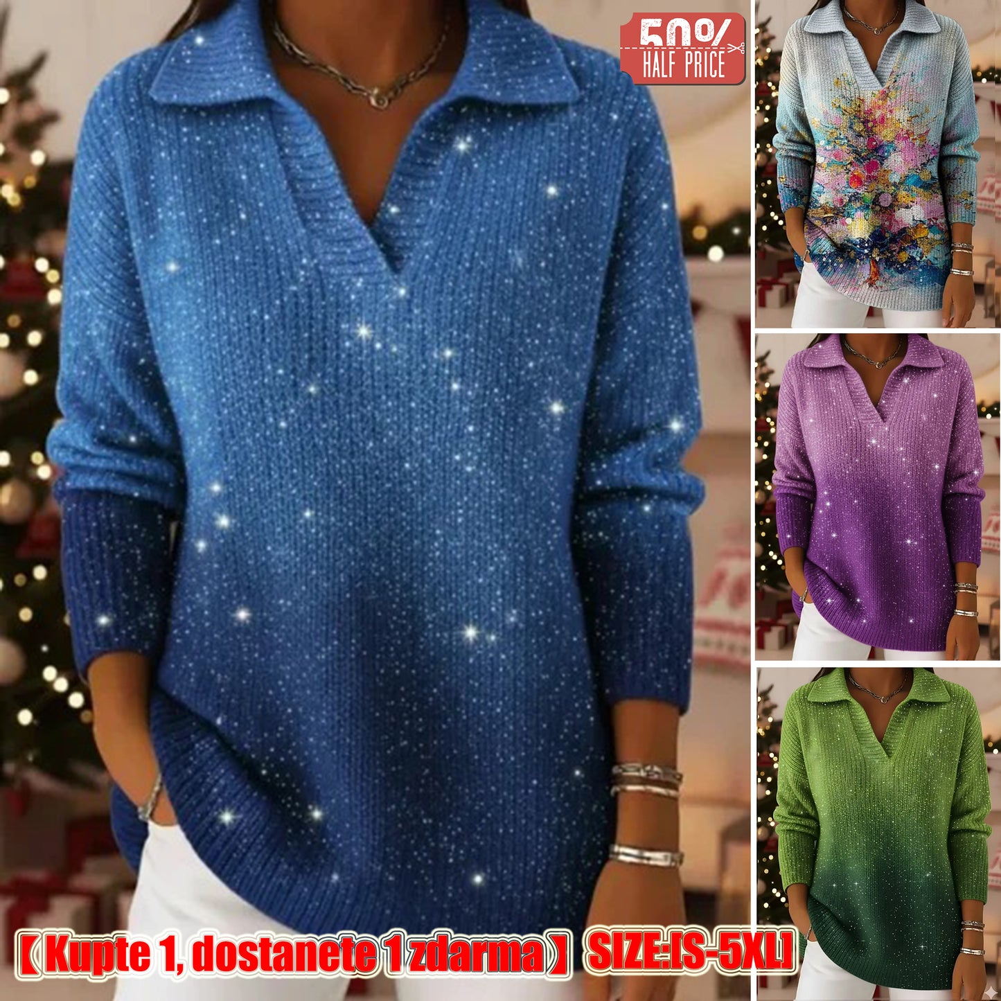 🔥【S-5XL】Pletený svetr s límcem a gradientním vzorem Dreamy Starly Sky