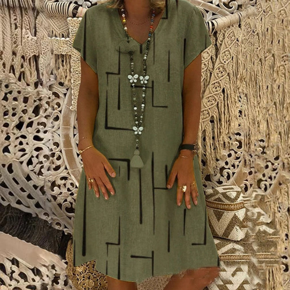 【50% OFF】 【🚚 Envío Gratis y Pago Contra Reembolso】 👗 【S-5XL】 Vestido de algodón estampado con cuello en V