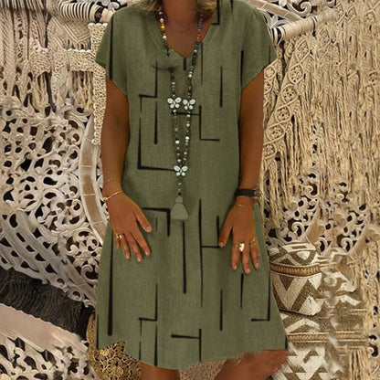 【50% OFF】 【🚚 Envío Gratis y Pago Contra Reembolso】 👗 【S-5XL】 Vestido de algodón estampado con cuello en V