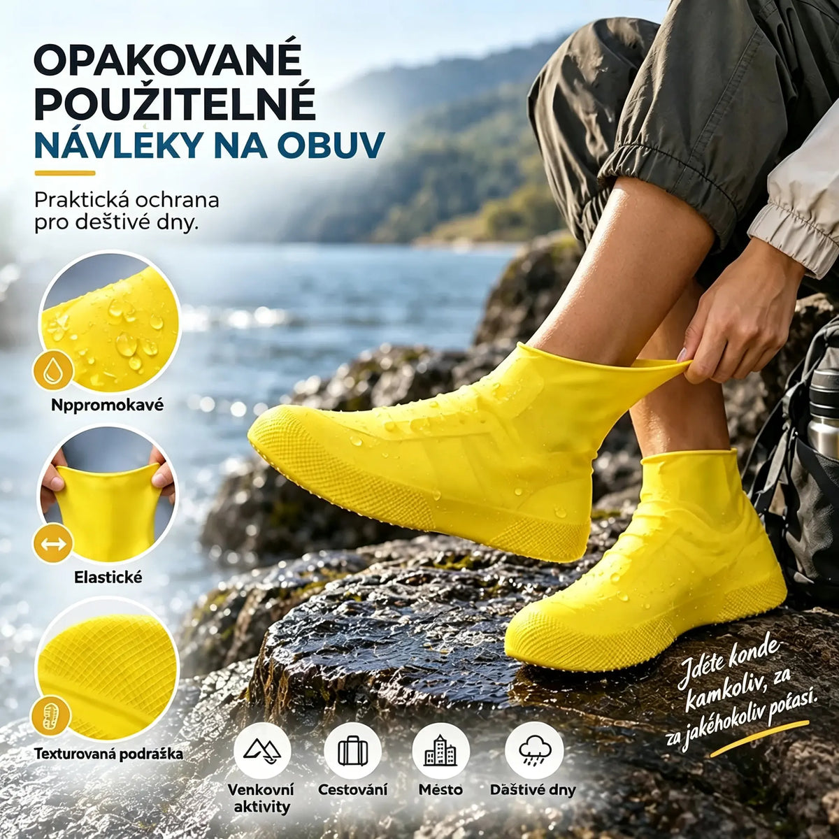 【2 kusy 520 Kč】Chraňte své tenisky před promočením! Odolné nepromokavé návleky na boty: protiskluzové a skladné – snadno je sbalíte do tašky 🌧️