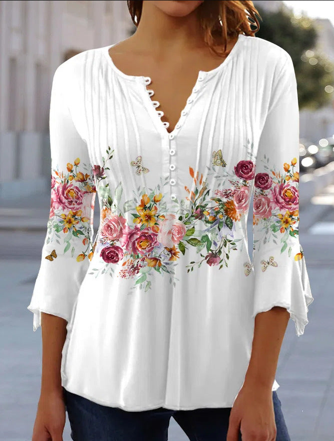 Camisetas de moda de mujer con estampado de escote en pico