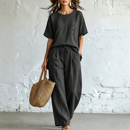 🎨 【Conjunto de camiseta y pantalón de pierna ancha】Conjunto casual moderno hecho de algodón y lino, cómodo y transpirable.