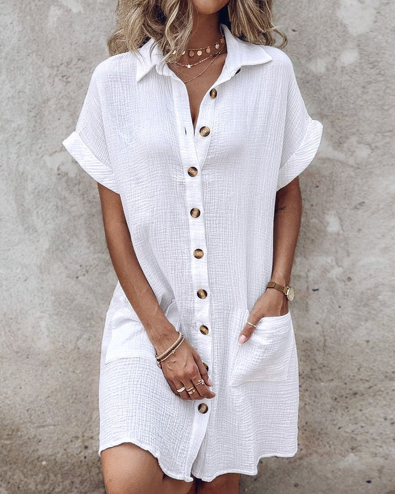 【S-2XL】2026 Vestido suelto de lino y algodón de manga corta y largo medio con botones