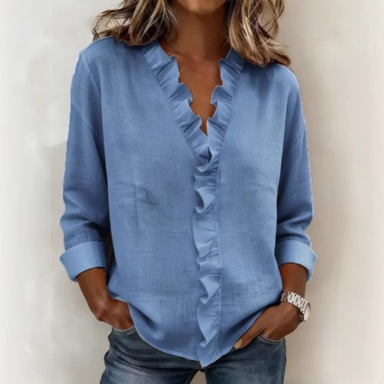 🔥 Pago contra reembolso ✅️【40-100kg】Camisa vaquera informal para mujer con cuello en V y volantes
