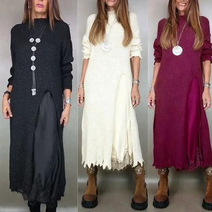 【XS-3XL】👗Nowy jesienny komplet koronkowy z rozcięciem i wzorem swetra-4163526